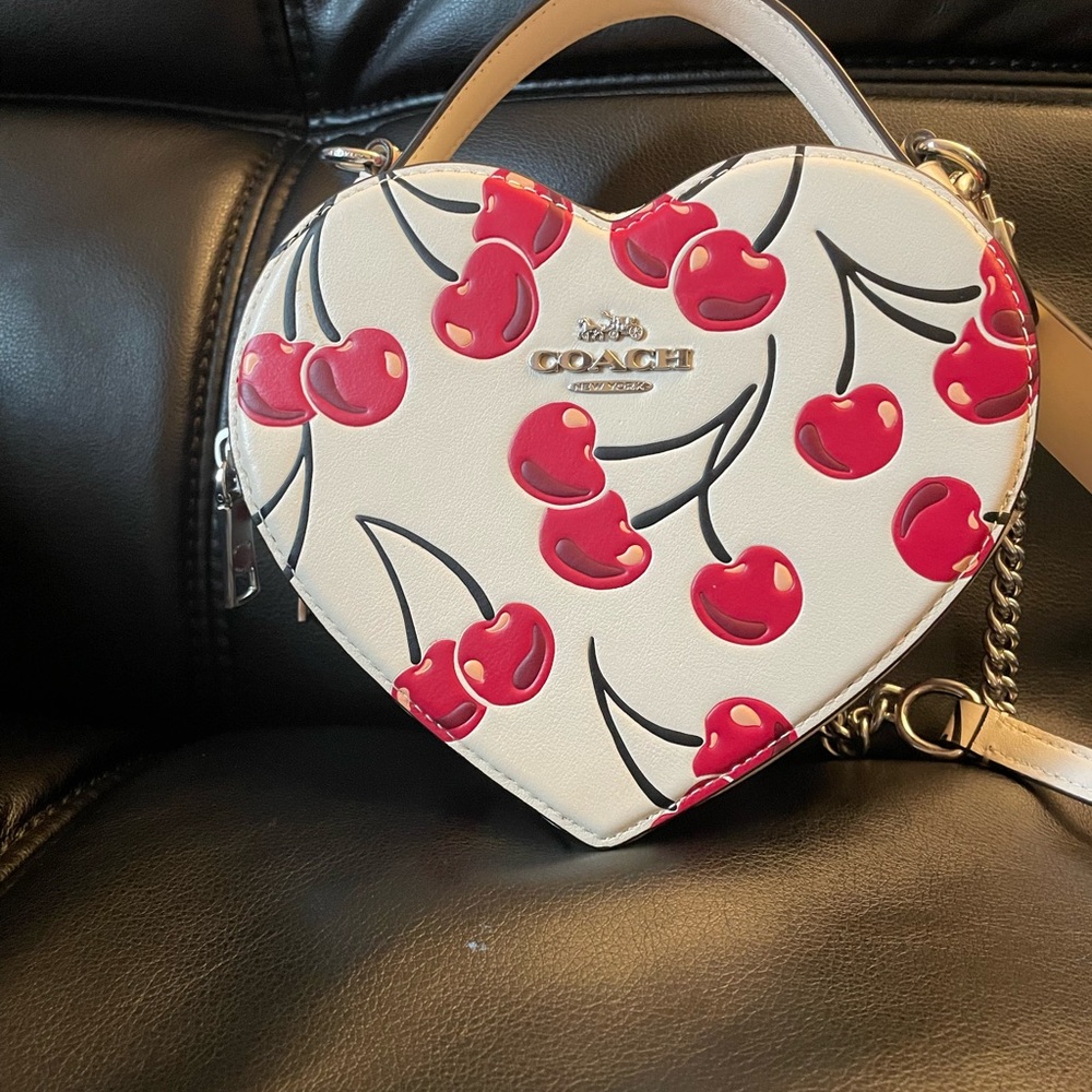 Coach Heart-Shaped Bag with Cherry Design - Chalk and Red